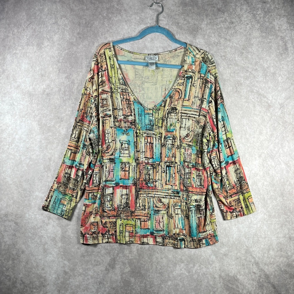 Chico's Travelers Top Womens 3 US XL Multicolor‎ City Window Print Art To Wear